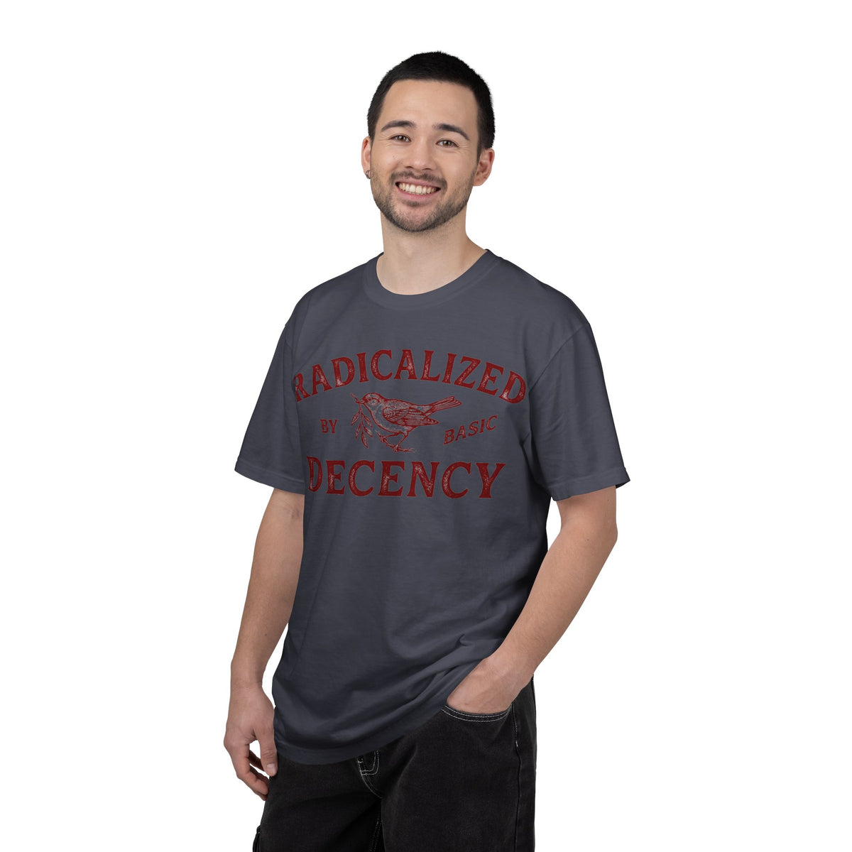 Radicalized By Basic Decency Bold Shirt, Engraved Bird Typography Tee, Kindness Statement Shirt, Protest Gift