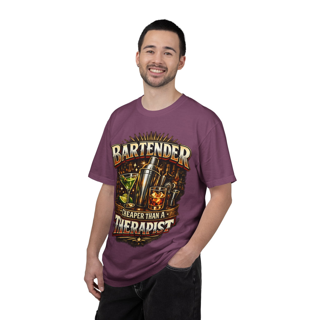 Bartender T-Shirt — "Bartender: Cheaper Than a Therapist" Vintage Bar Graphic Tee