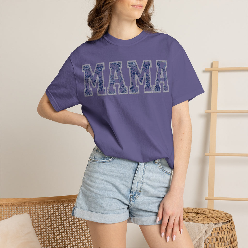 Mama Blue Toile Shirt, Delft Floral Applique Varsity Tee, Chinoiserie Mom Shirt, Mothers Day Gift