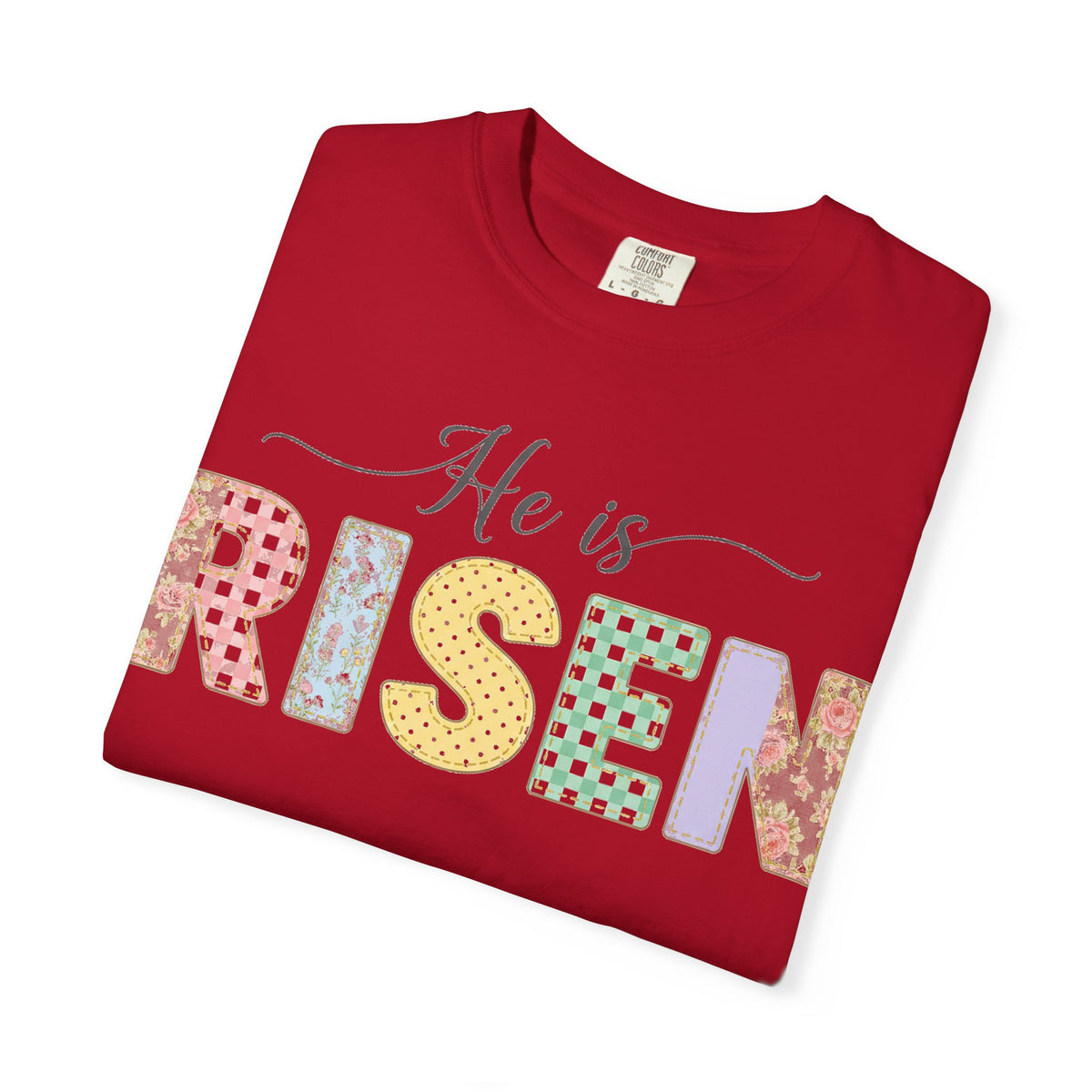 He Is Risen Pastel Patch Shirt, Easter Faux Stitch Letter Tee, Christian Spring Shirt, Easter Gift