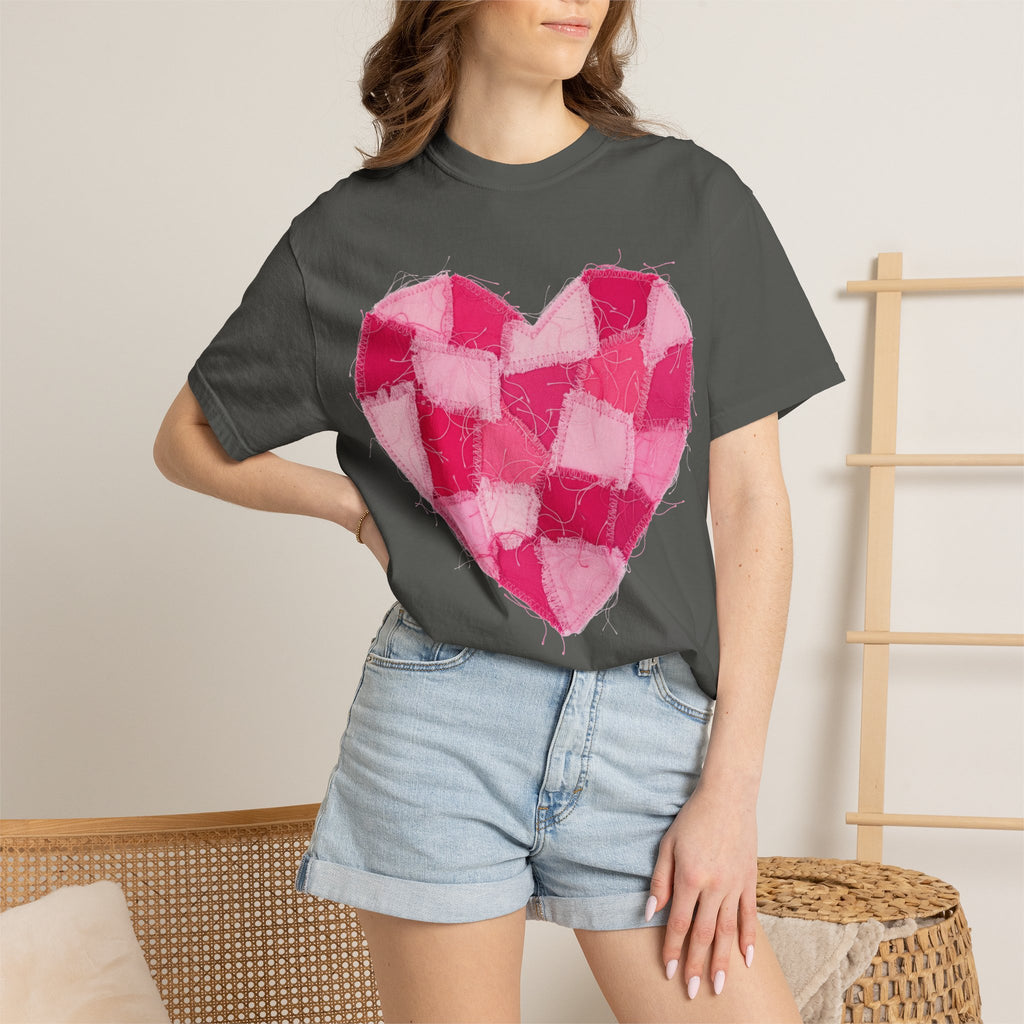 Hot Pink Patchwork Heart Shirt, Checkered Quilt Heart Tee, Frayed Applique Valentine Shirt, Gift For Her