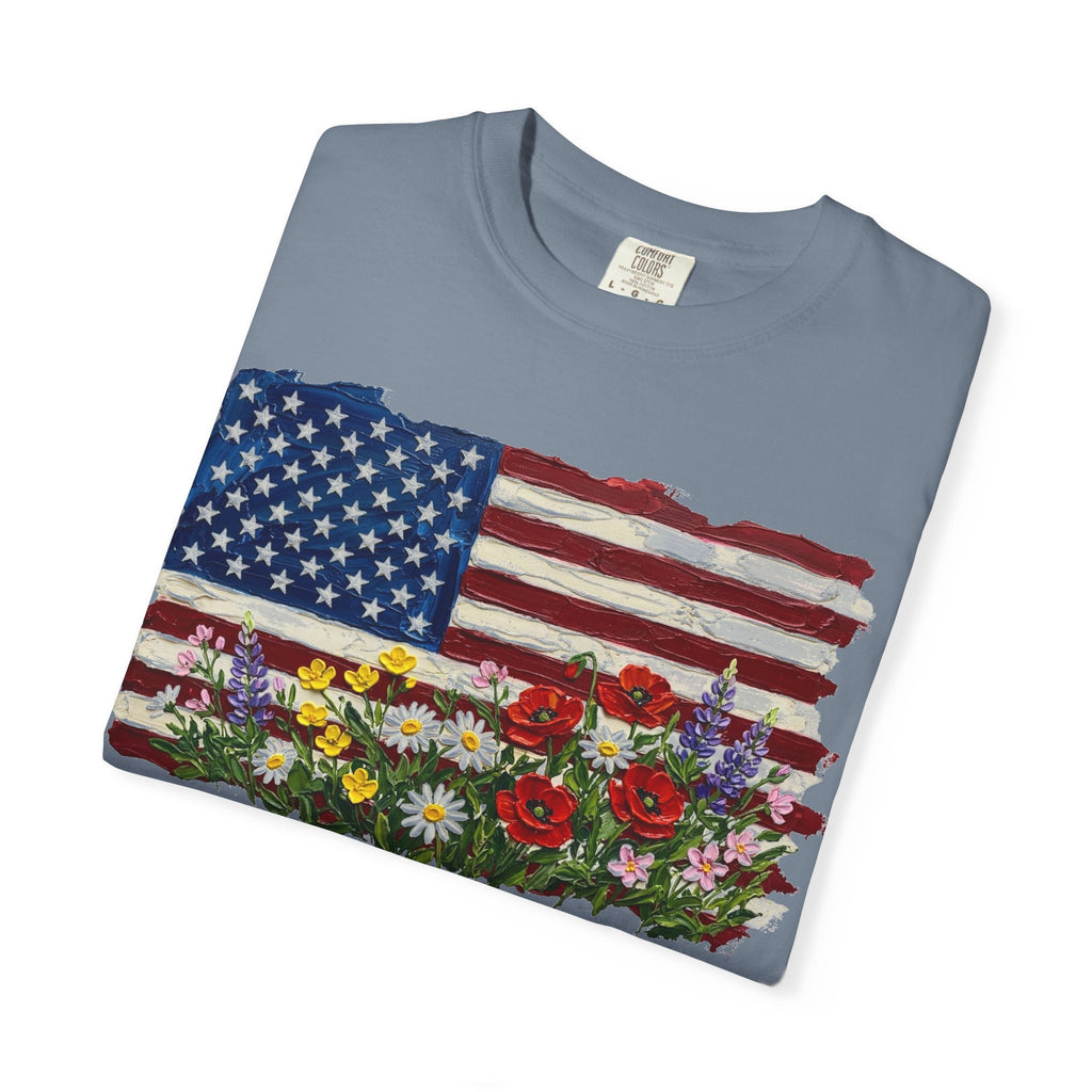 Painted Flag Wildflower Meadow Shirt, Impasto Americana Floral Tee, Patriotic Shirt, Independence Day Gift