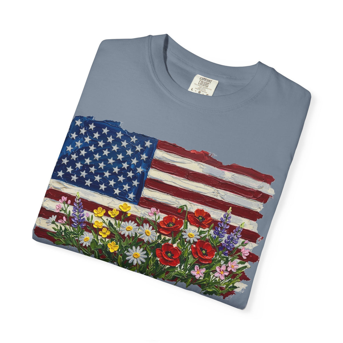 Painted Flag Wildflower Meadow Shirt, Impasto Americana Floral Tee, Patriotic Shirt, Independence Day Gift