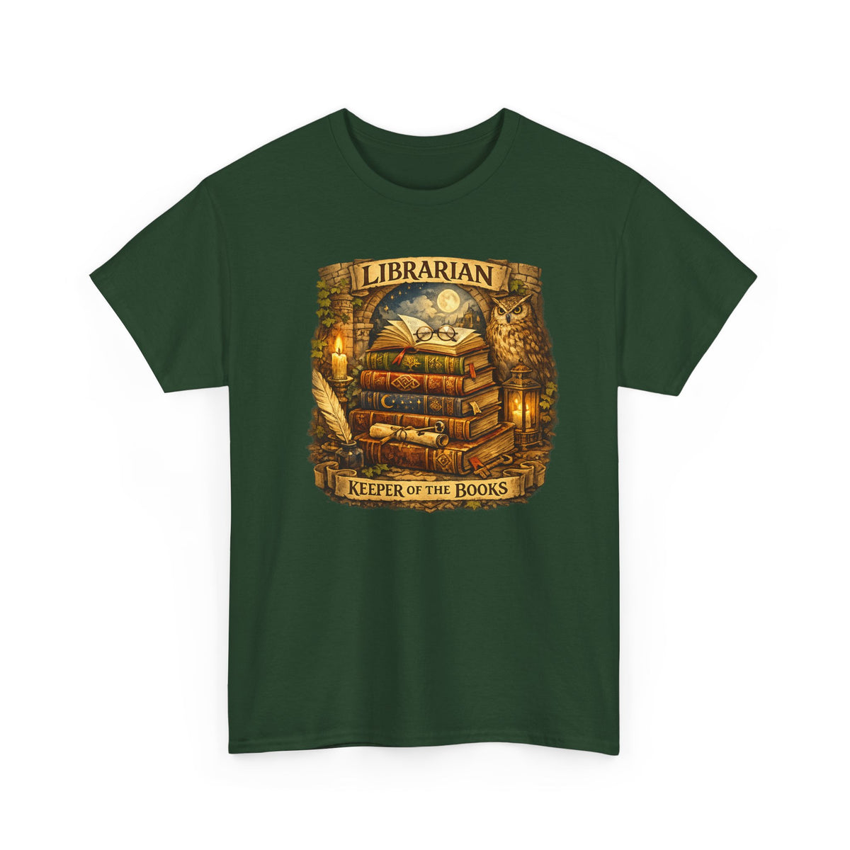 Librarian 'Keeper of the Books' T-Shirt — Vintage Bookstack & Owl Graphic
