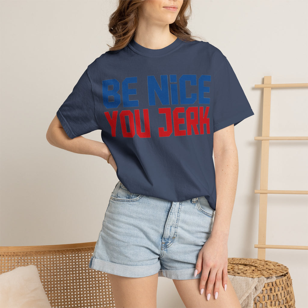 Be Nice You Jerk Condensed Shirt, Funny Snarky Quote Tee, Red And Blue Type Shirt, Sarcastic Gift