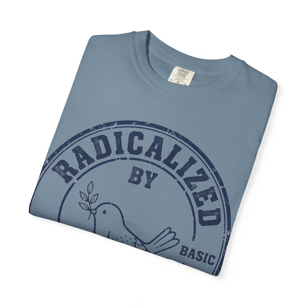 Radicalized By Basic Decency Navy Stamp Shirt, Line Art Dove Badge Tee, Kindness Protest Shirt, Activist Gift