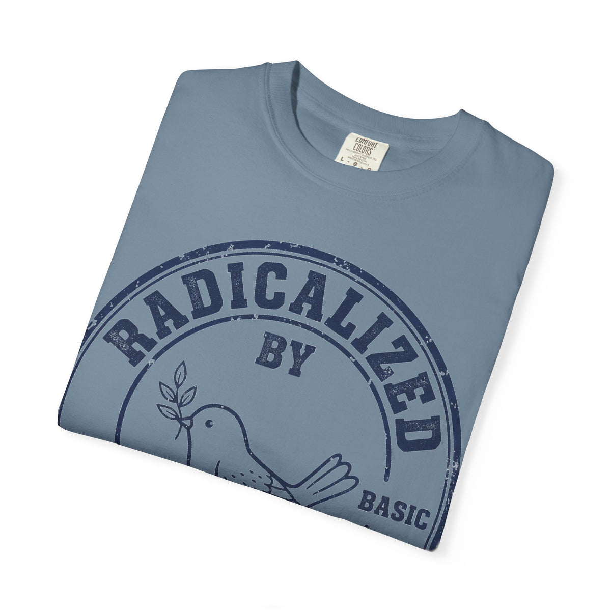 Radicalized By Basic Decency Navy Stamp Shirt, Line Art Dove Badge Tee, Kindness Protest Shirt, Activist Gift