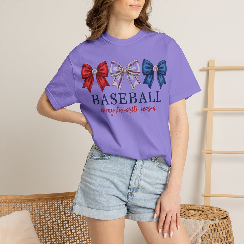Baseball Is My Favorite Season Tee, Small Bow Trio Baseball Shirt, Coquette Sports Mom Shirt, Game Day Gift