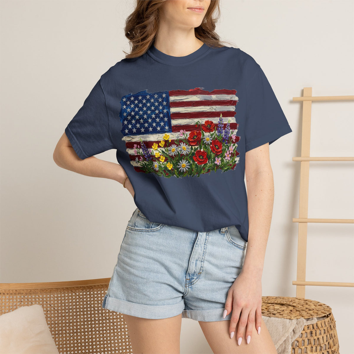 Painted Flag Wildflower Meadow Shirt, Impasto Americana Floral Tee, Patriotic Shirt, Independence Day Gift