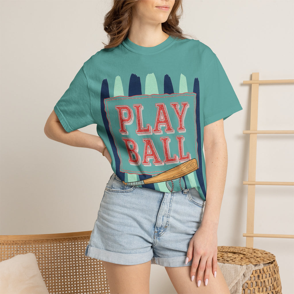 Play Ball Tall Stripe Shirt, Painted Baseball Panel Tee, Game Day Baseball Shirt, Sports Mom Gift