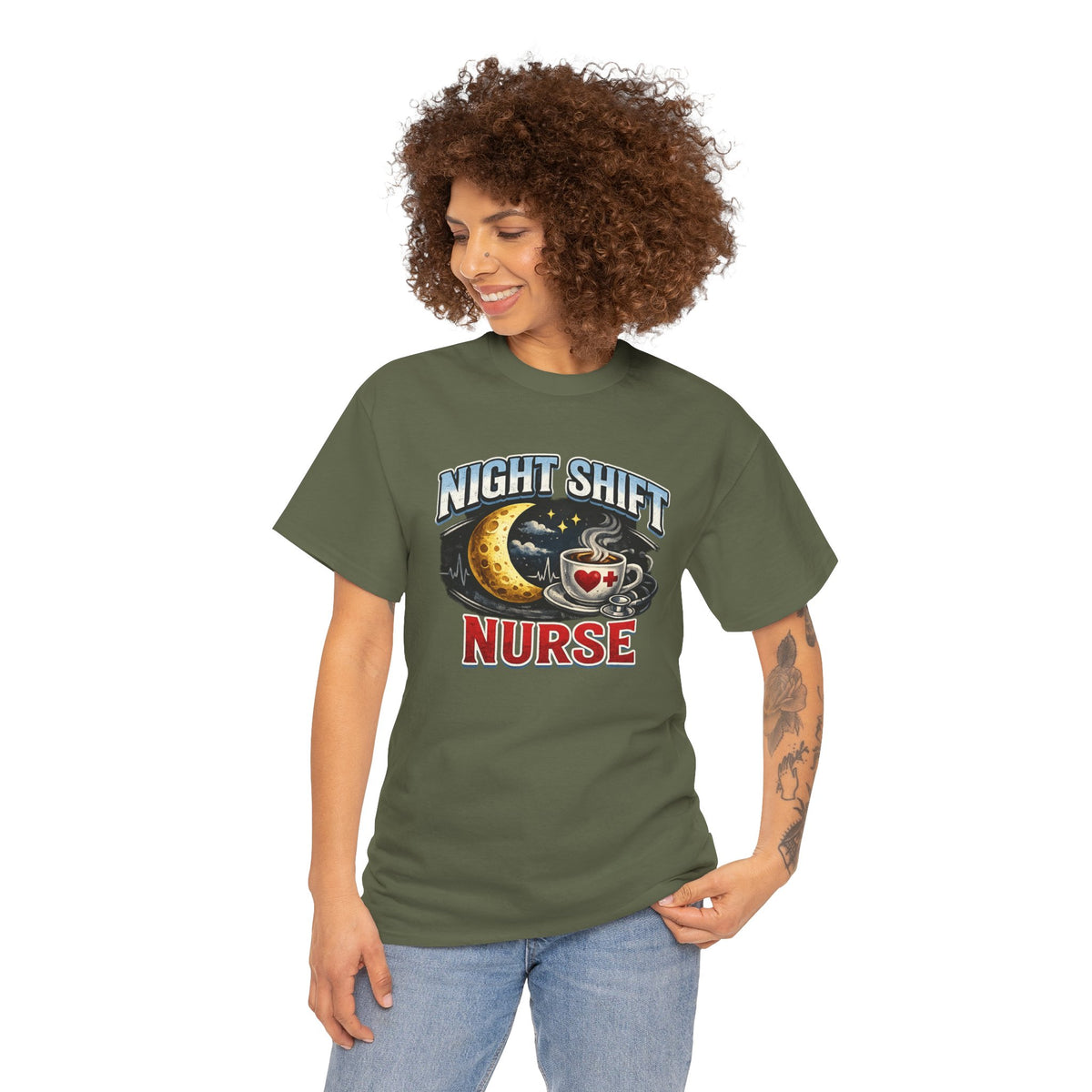 Night Shift Nurse T‑Shirt - Cute Moon & Coffee Graphic Tee for Nurses