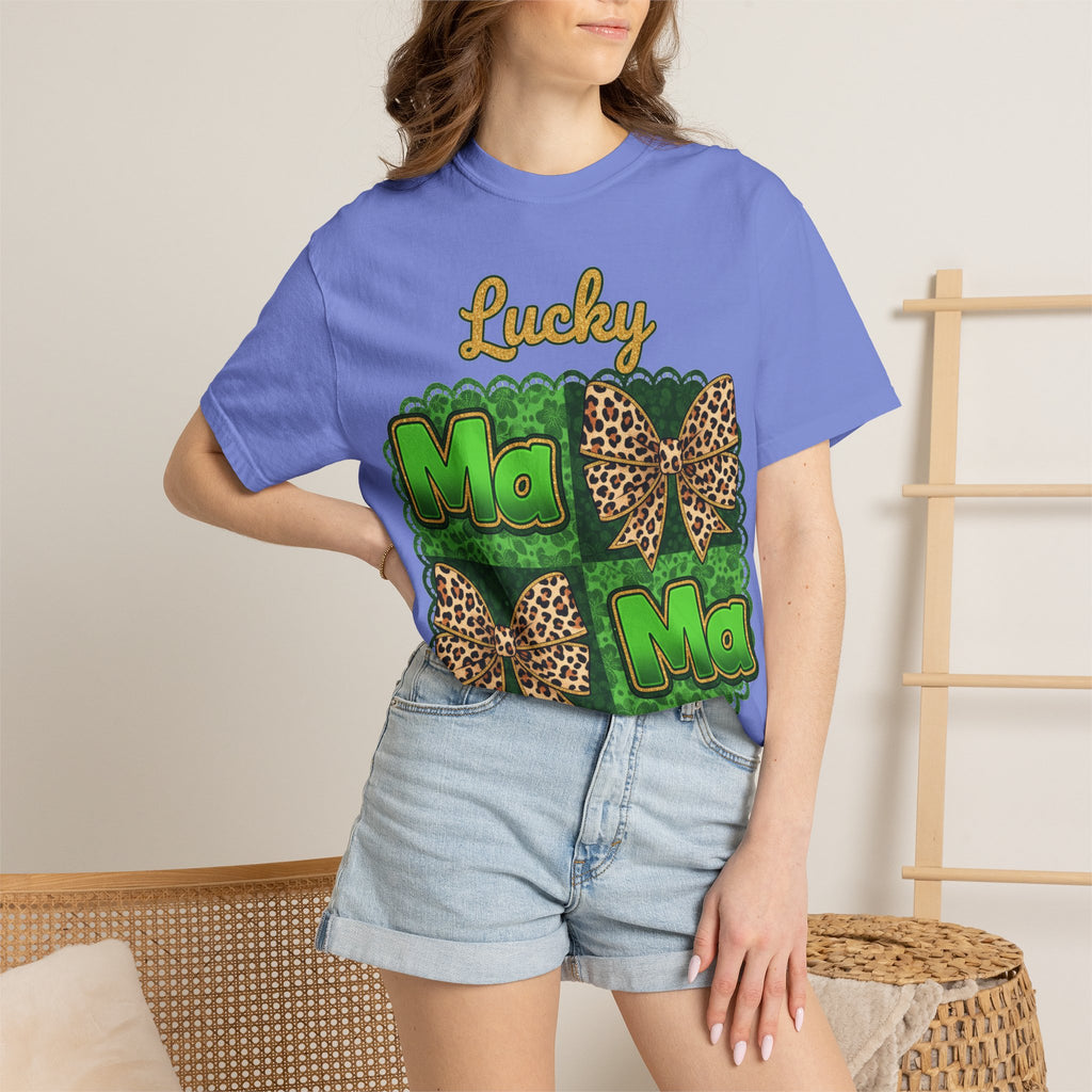 Lucky Mama Quad Shirt, Shamrock Leopard Bow Tee, St Patricks Day Mom Shirt, Irish Mama Gift