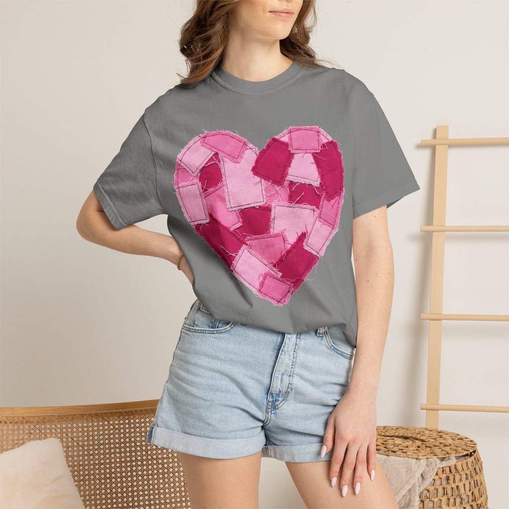 Patchwork Heart Shirt, Frayed Pink Quilt Heart Tee, Shabby Chic Valentine Shirt, Cozy Gift