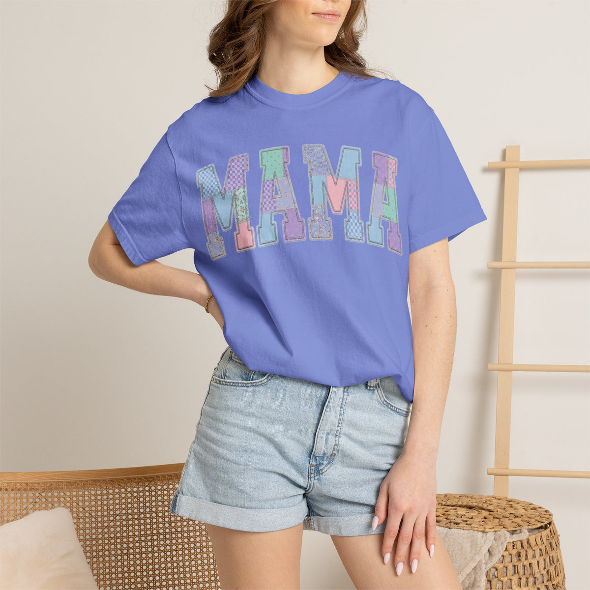 Mama Patchwork Shirt, Pastel Faux Applique Varsity Tee, Shabby Chic Mom Shirt, Mothers Day Gift