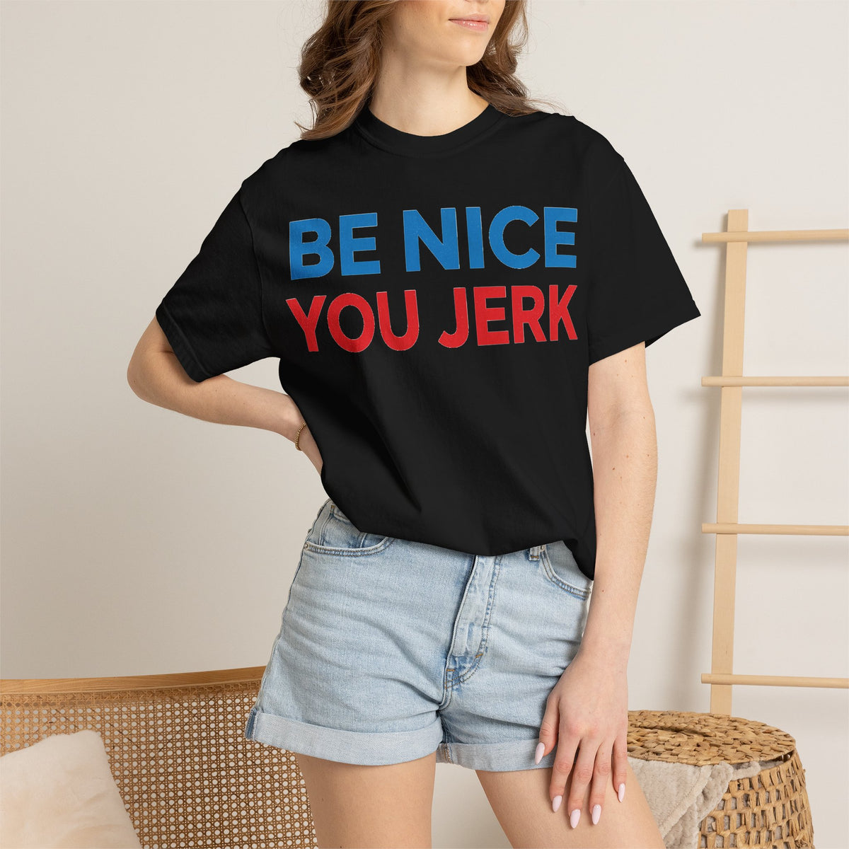 Be Nice You Jerk Wide Shirt, Funny Sarcastic Saying Tee, Light Blue And Red Shirt, Funny Friend Gift