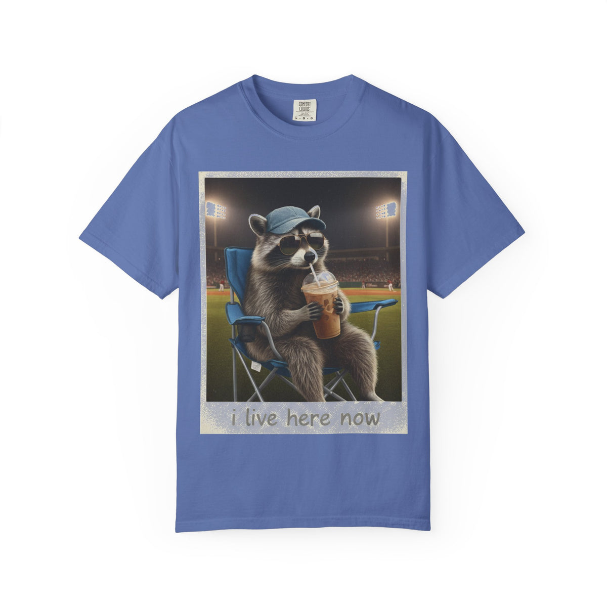 Baseball Raccoon Shirt, I Live Here Now Tee, Funny Ballpark Iced Coffee Shirt, Baseball Mom Gift