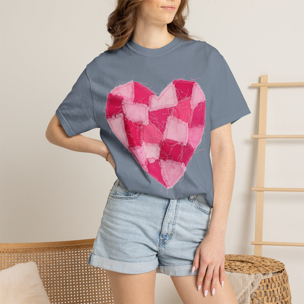 Hot Pink Patchwork Heart Shirt, Checkered Quilt Heart Tee, Frayed Applique Valentine Shirt, Gift For Her