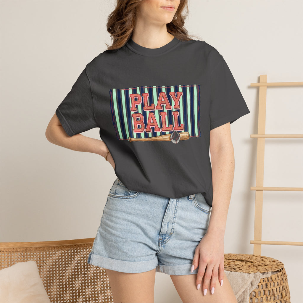 Play Ball Wide Stripe Shirt, Baseball Bat And Ball Tee, Vintage Game Day Shirt, Baseball Mom Gift