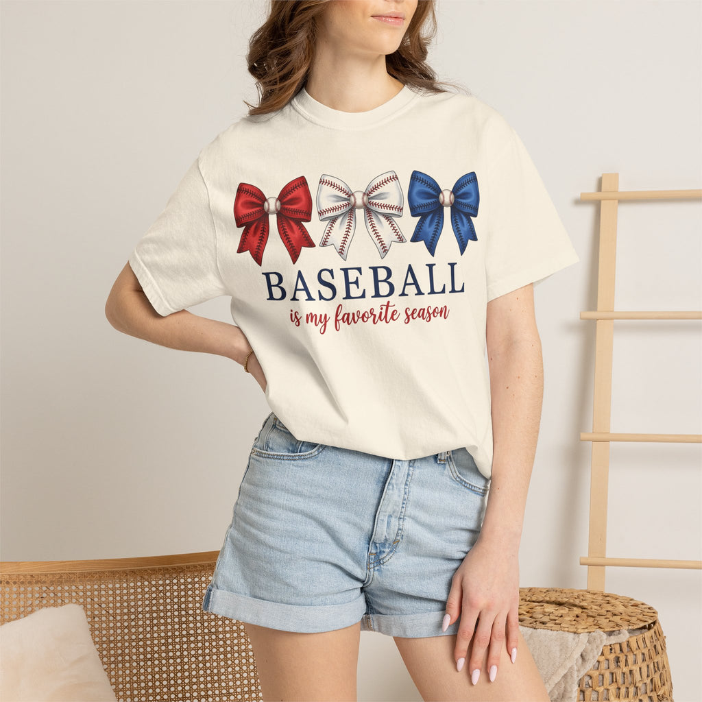 Baseball Is My Favorite Season Tee, Small Bow Trio Baseball Shirt, Coquette Sports Mom Shirt, Game Day Gift