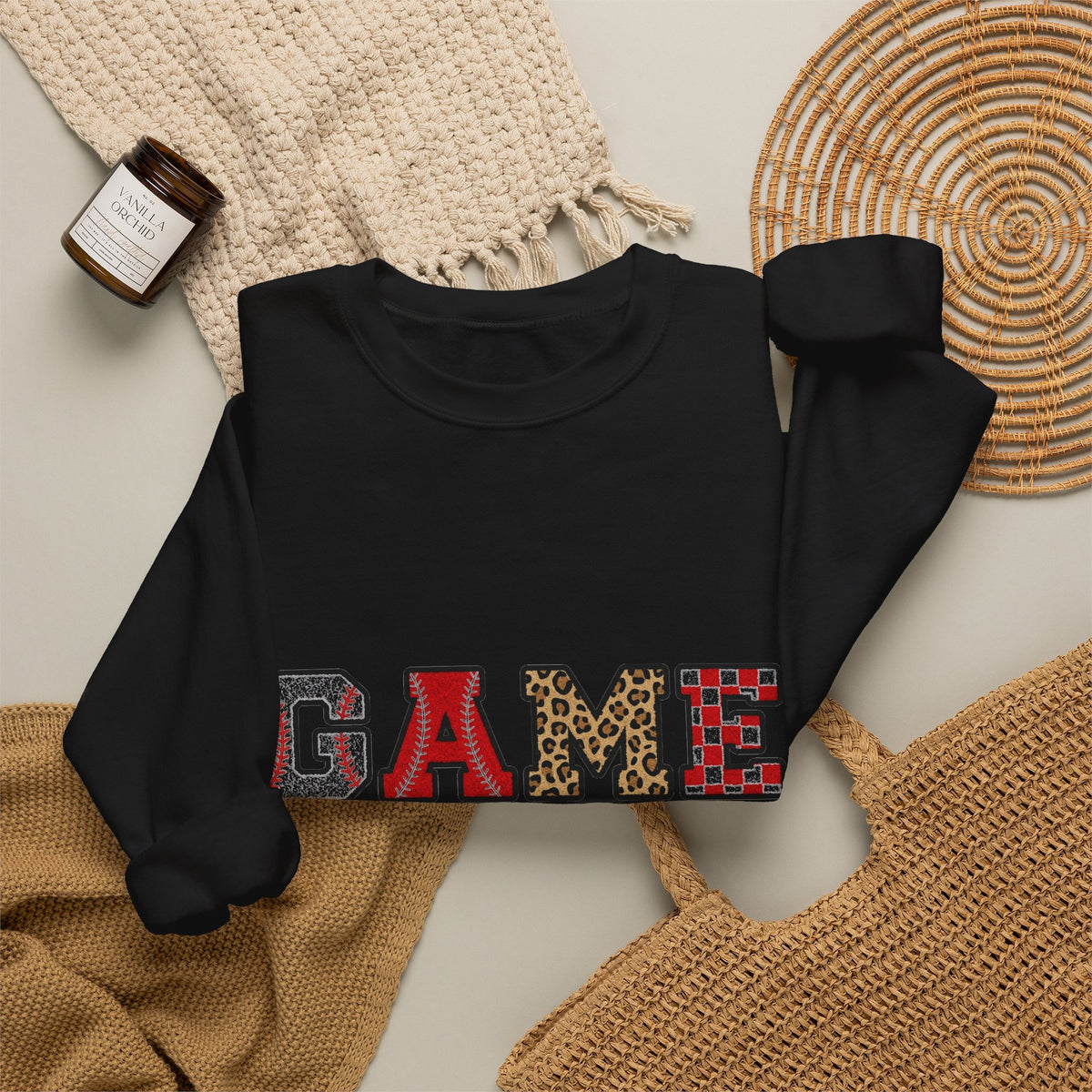 Game Day Sweatshirt, Baseball Leopard Checkered Chenille Letters Sweatshirt, Baseball Mom Sweatshirt, Softball Game Day Gift, Sports Mom Var