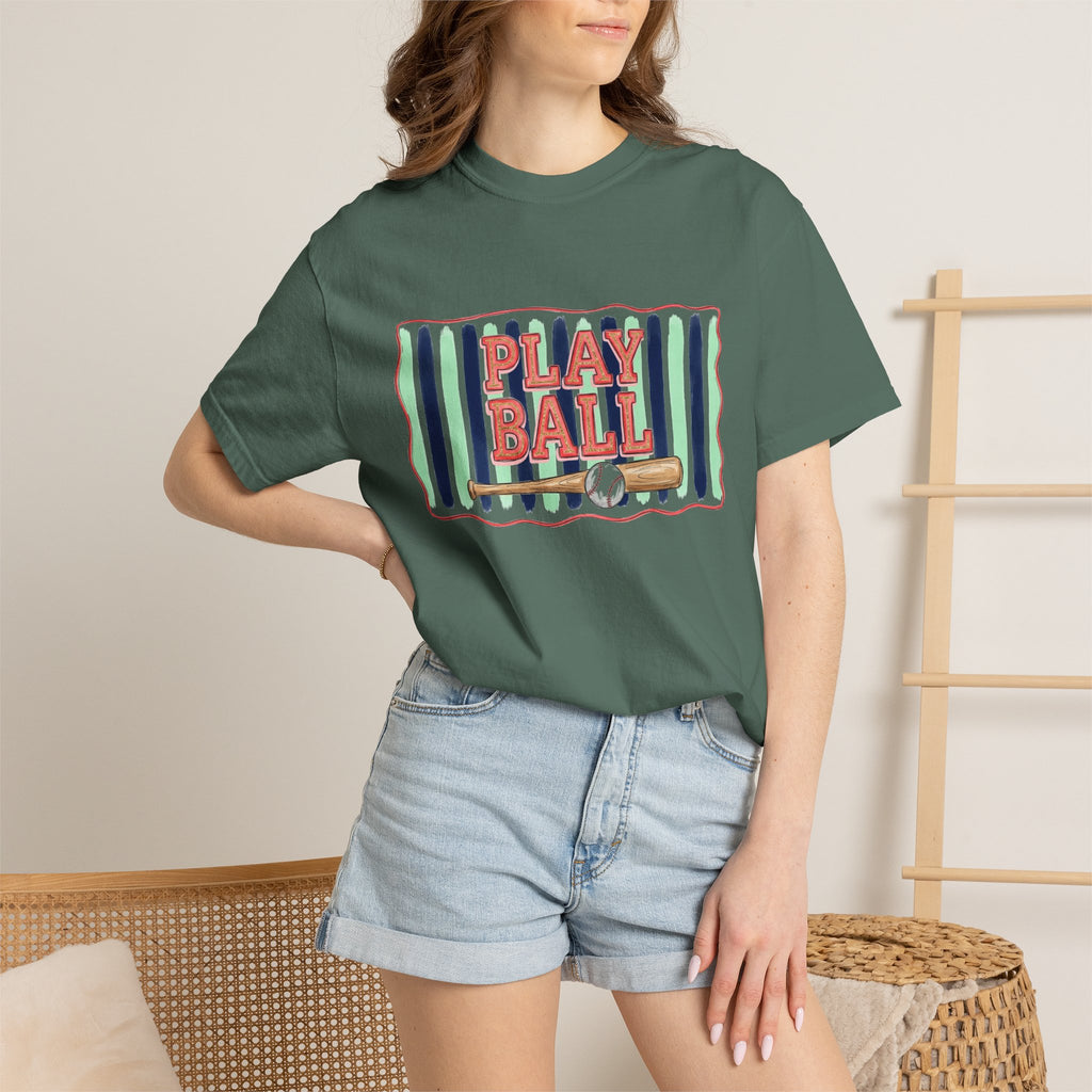 Play Ball Shirt, Painted Stripe Baseball Tee, Vintage Baseball Mom Shirt, Game Day Gift