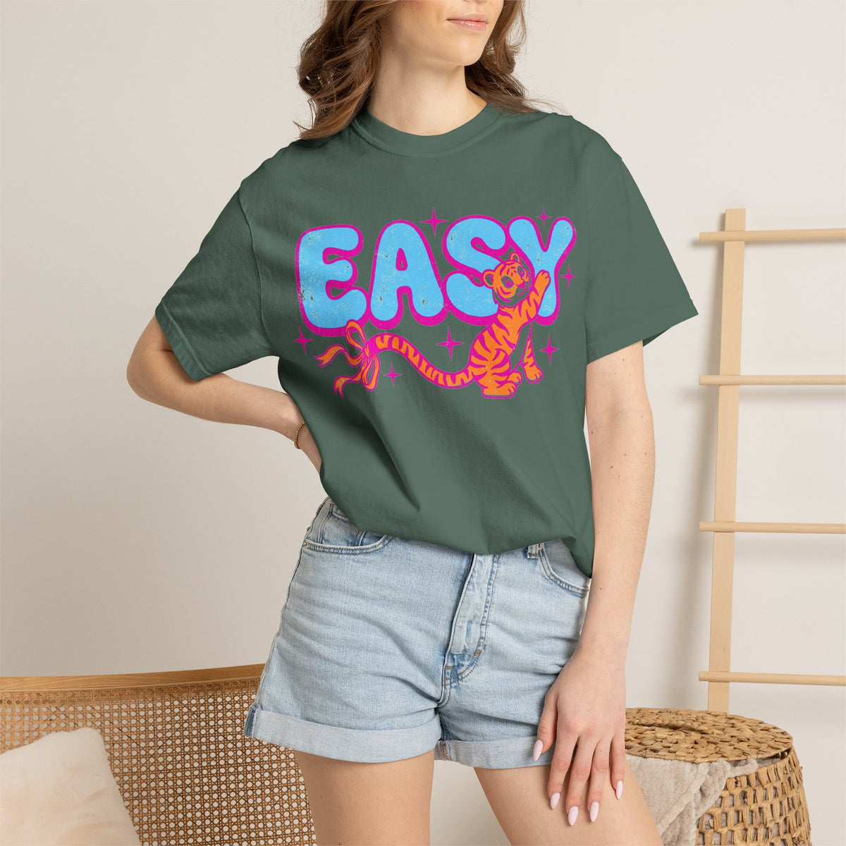 Easy Tiger Bow Shirt, Y2K Cub Bubble Type Tee, Retro Pink Blue Tiger Shirt, Trendy Gift