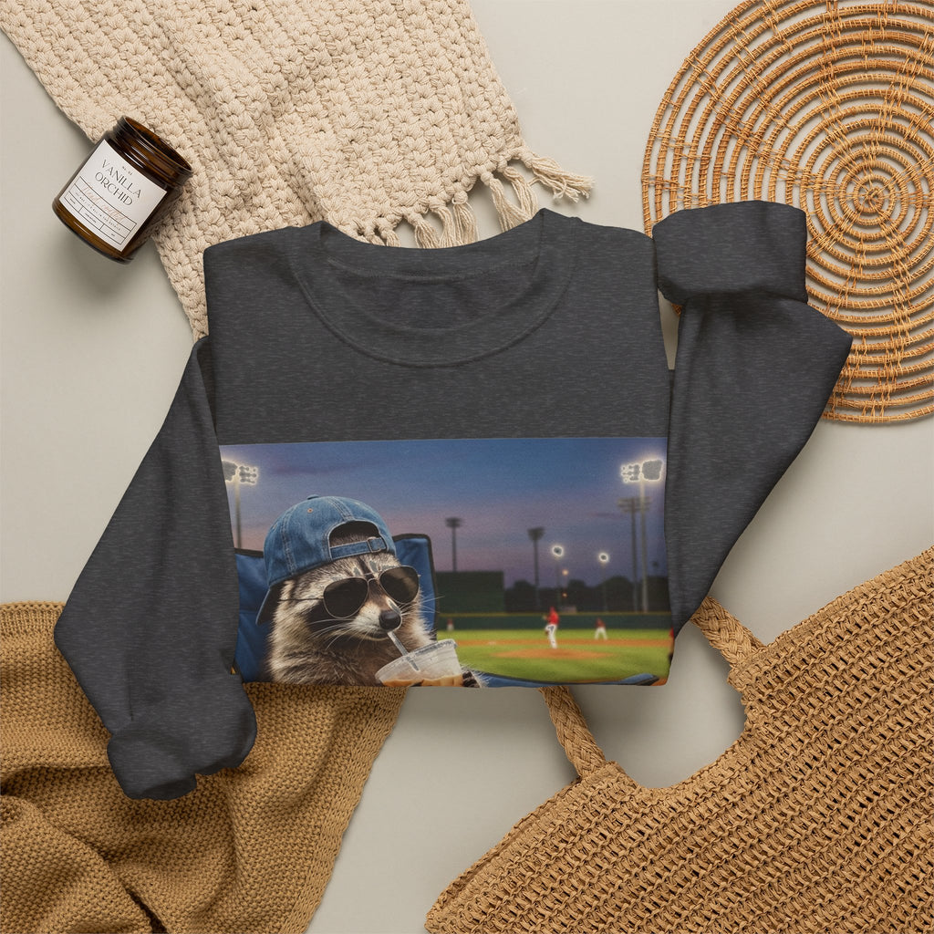 I Live Here Now Raccoon Baseball Sweatshirt, Funny Baseball Mom Sweatshirt, Raccoon Camp Chair Stadium Sweatshirt, Travel Ball Parent Gift,