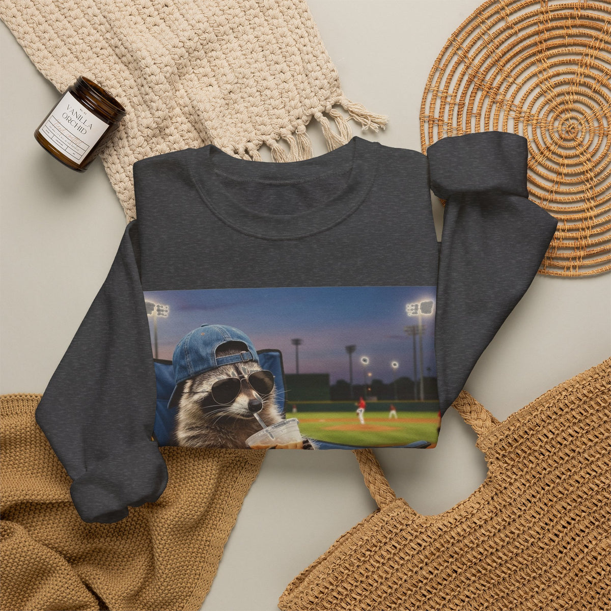 I Live Here Now Raccoon Baseball Sweatshirt, Funny Baseball Mom Sweatshirt, Raccoon Camp Chair Stadium Sweatshirt, Travel Ball Parent Gift,