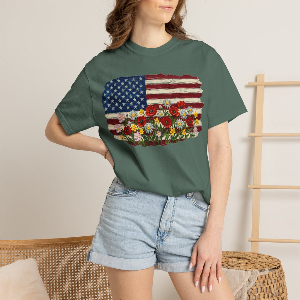 Impasto American Flag Wildflowers Shirt, Painted Flag Floral Tee, Patriotic Garden Shirt, Fourth Of July Gift