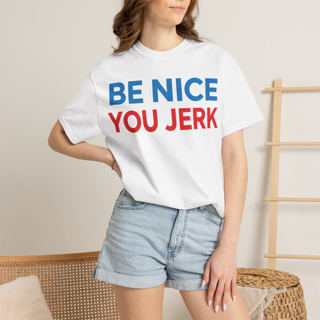 Be Nice You Jerk Wide Shirt, Funny Sarcastic Saying Tee, Light Blue And Red Shirt, Funny Friend Gift