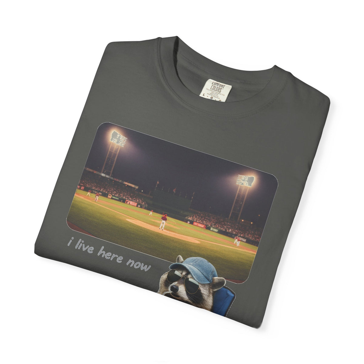 I Live Here Now Ballpark Raccoon Shirt, Funny Baseball Parent Tee, Camp Chair Raccoon Shirt, Sports Mom Gift