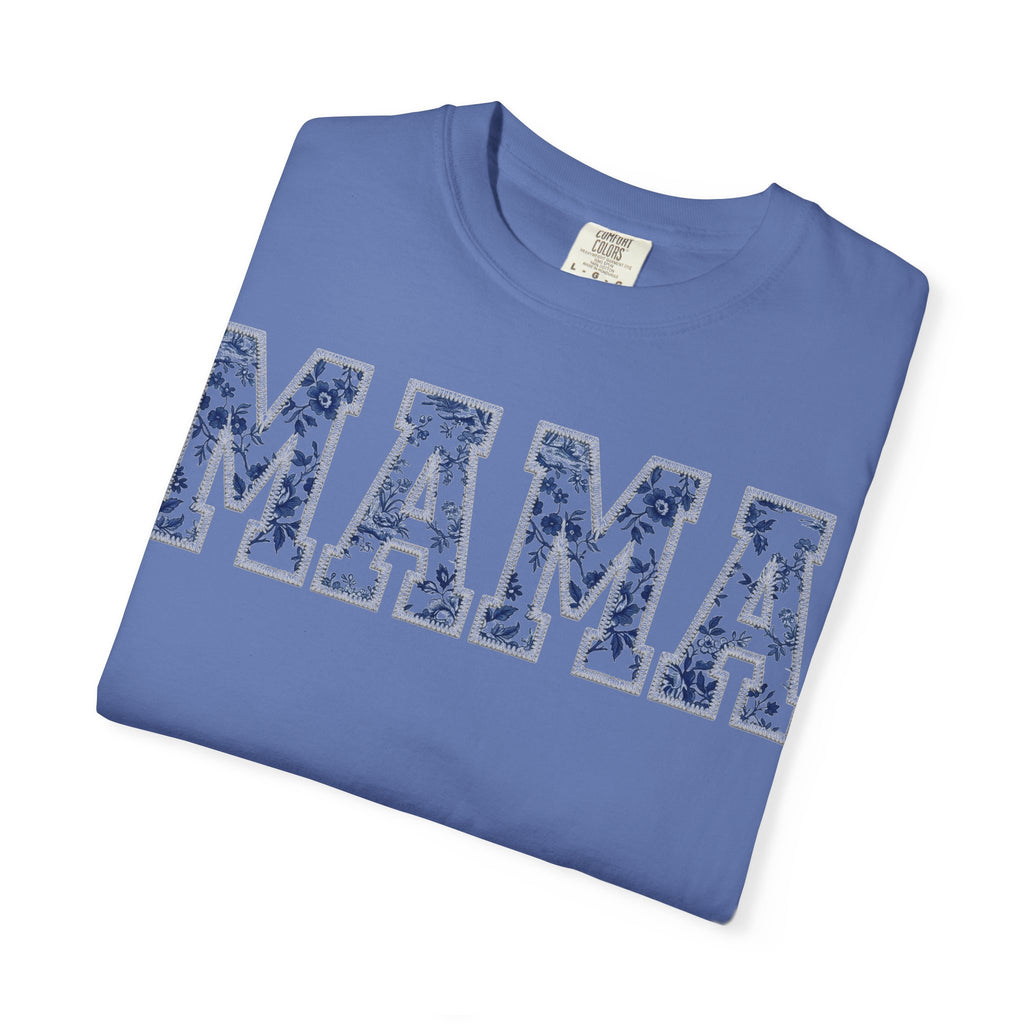 Mama Blue Toile Shirt, Delft Floral Applique Varsity Tee, Chinoiserie Mom Shirt, Mothers Day Gift