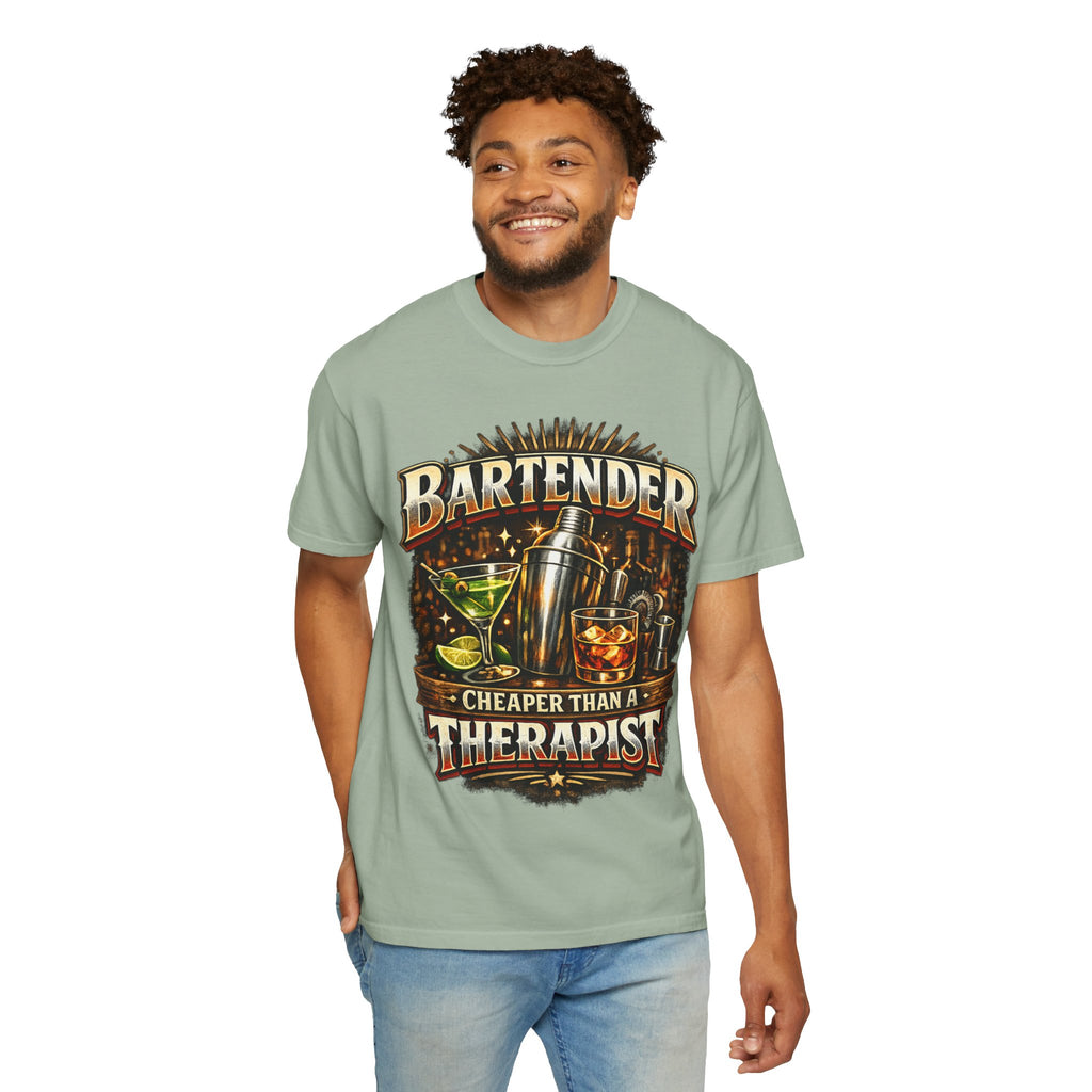 Bartender T-Shirt — "Bartender: Cheaper Than a Therapist" Vintage Bar Graphic Tee