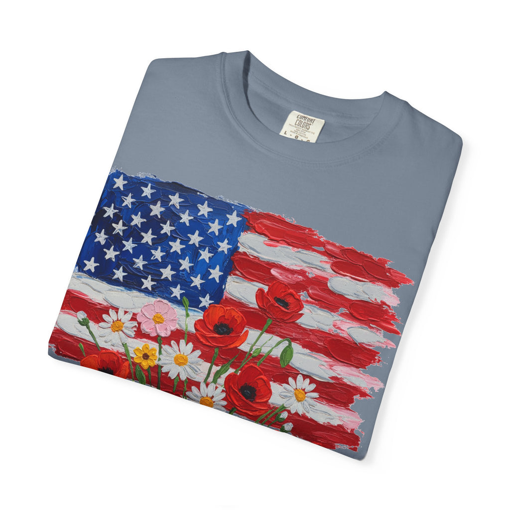 American Flag Poppy Bouquet Shirt, Impasto Patriotic Floral Tee, Memorial Day Shirt, Veterans Gift