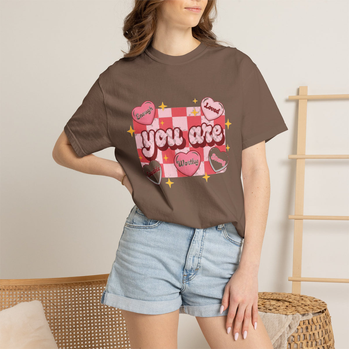 You Are Enough Pink Check Shirt, Affirmation Conversation Heart Tee, Valentines Shirt, Self Love Gift