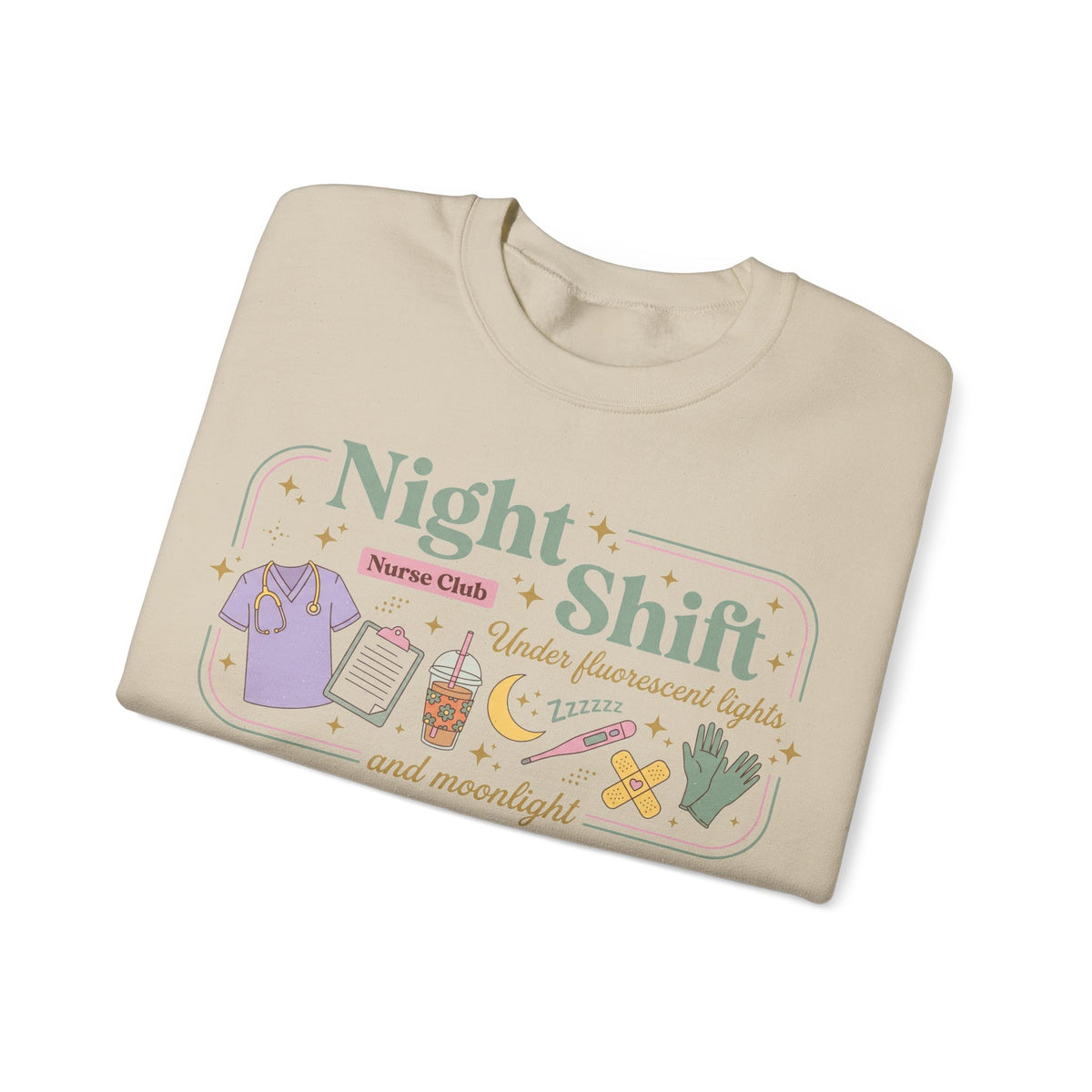 Night Shift Nurse Club Sweatshirt, Under Fluorescent Lights And Moonlight Sweatshirt, Retro Nurse Gift, Night Nurse Scrubs Doodle Sweatshirt