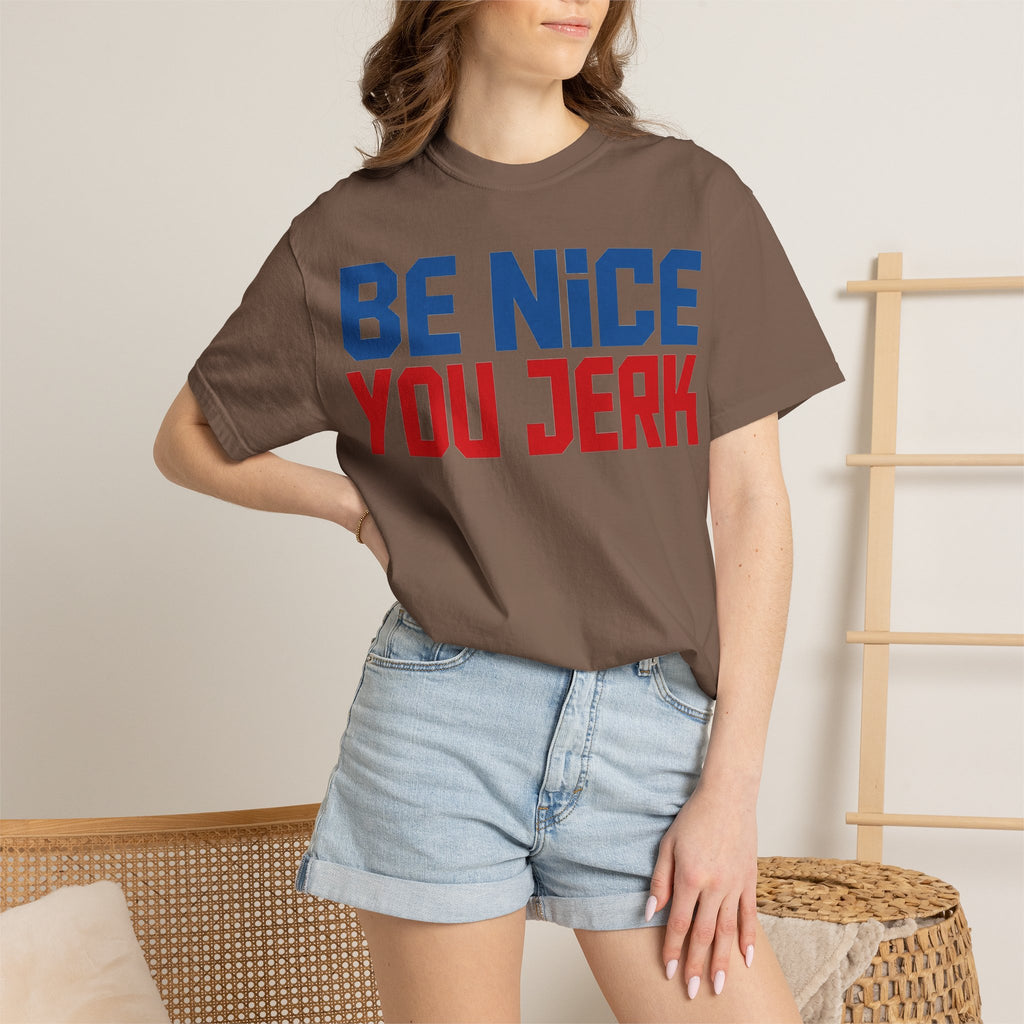 Be Nice You Jerk Condensed Shirt, Funny Snarky Quote Tee, Red And Blue Type Shirt, Sarcastic Gift