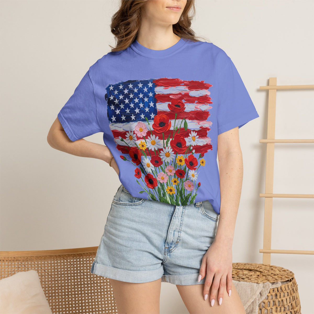 American Flag Poppy Bouquet Shirt, Impasto Patriotic Floral Tee, Memorial Day Shirt, Veterans Gift