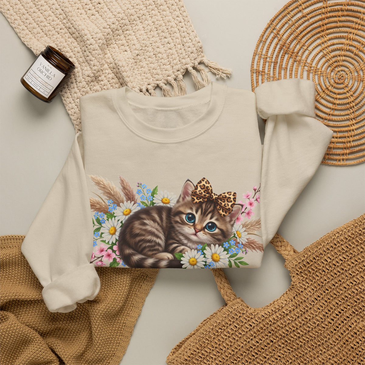 Cute Kitten Sweatshirt, Leopard Bow Floral Cat Sweatshirt, Coquette Cat Lover Gift, Tabby Kitten Pampas Flowers Sweatshirt, Cat Mom Boho Swe