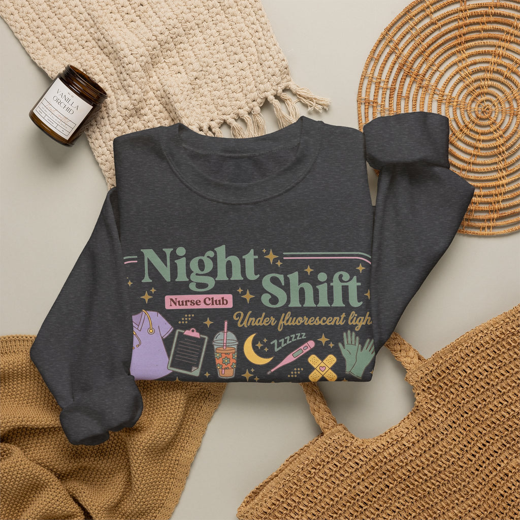 Night Shift Nurse Club Sweatshirt, Under Fluorescent Lights And Moonlight Sweatshirt, Retro Nurse Gift, Night Nurse Scrubs Doodle Sweatshirt