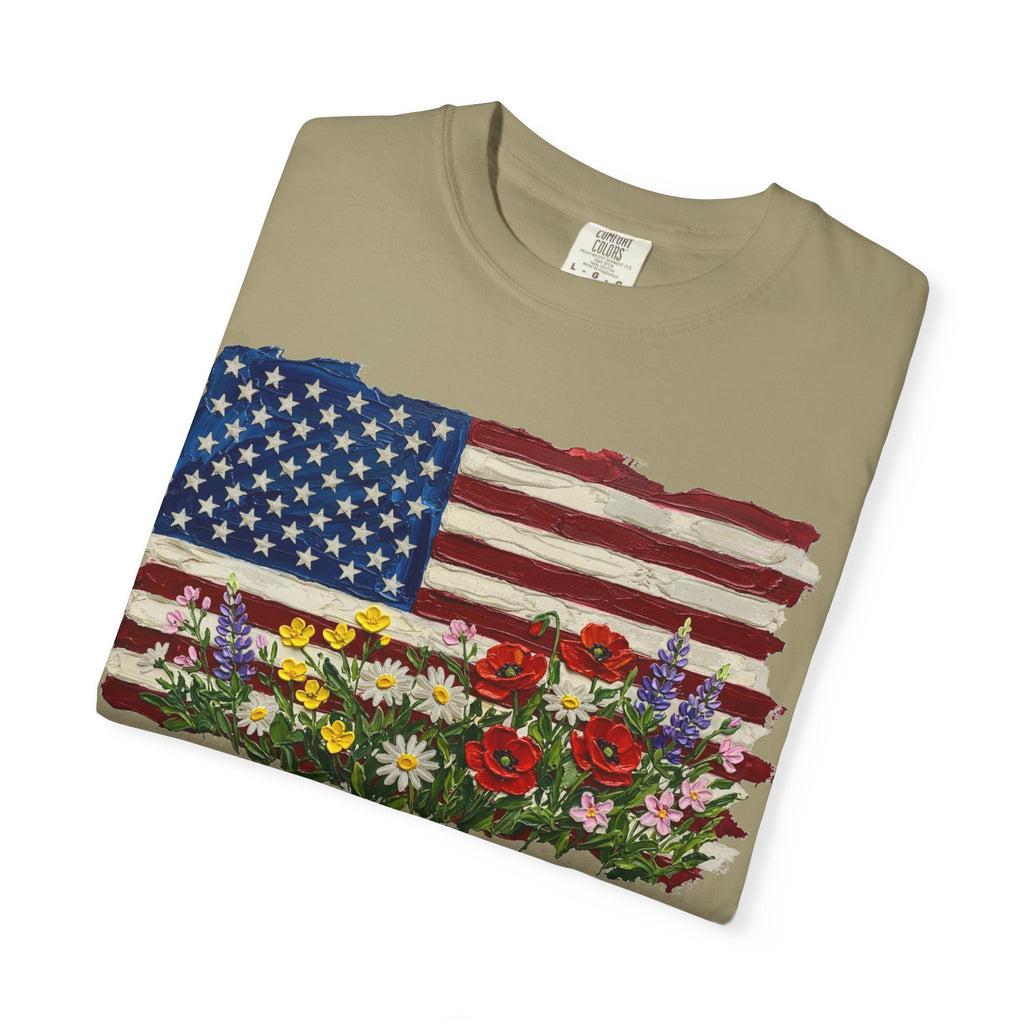 Painted Flag Wildflower Meadow Shirt, Impasto Americana Floral Tee, Patriotic Shirt, Independence Day Gift