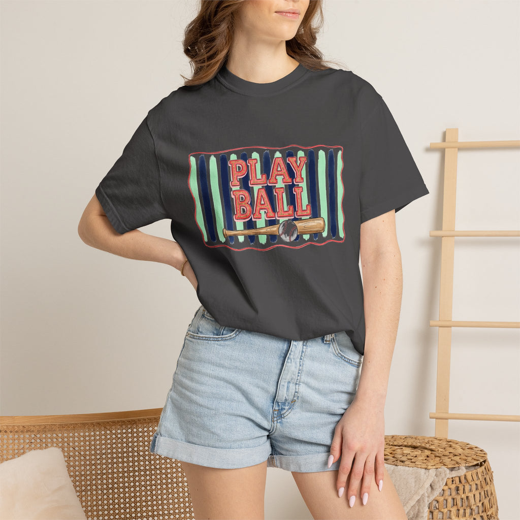 Play Ball Shirt, Painted Stripe Baseball Tee, Vintage Baseball Mom Shirt, Game Day Gift
