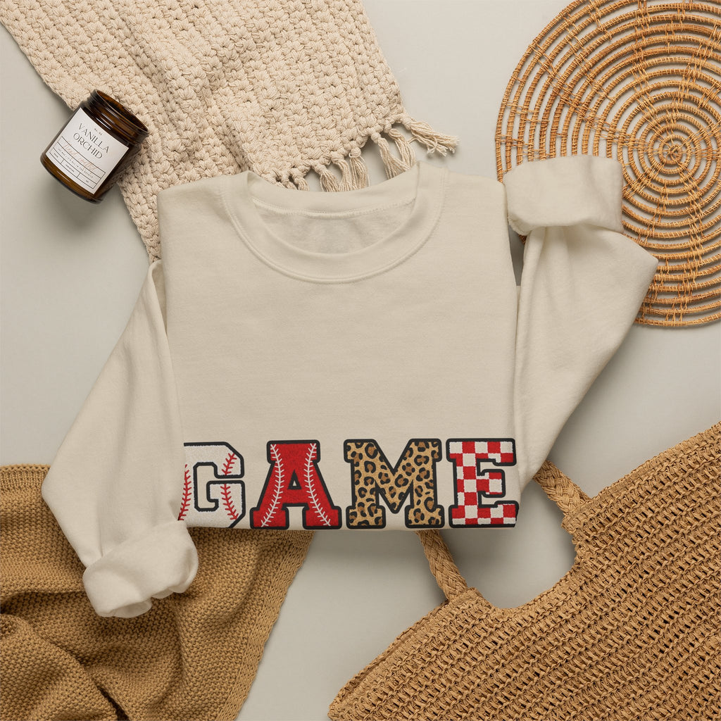 Game Day Sweatshirt, Baseball Leopard Checkered Chenille Letters Sweatshirt, Baseball Mom Sweatshirt, Softball Game Day Gift, Sports Mom Var