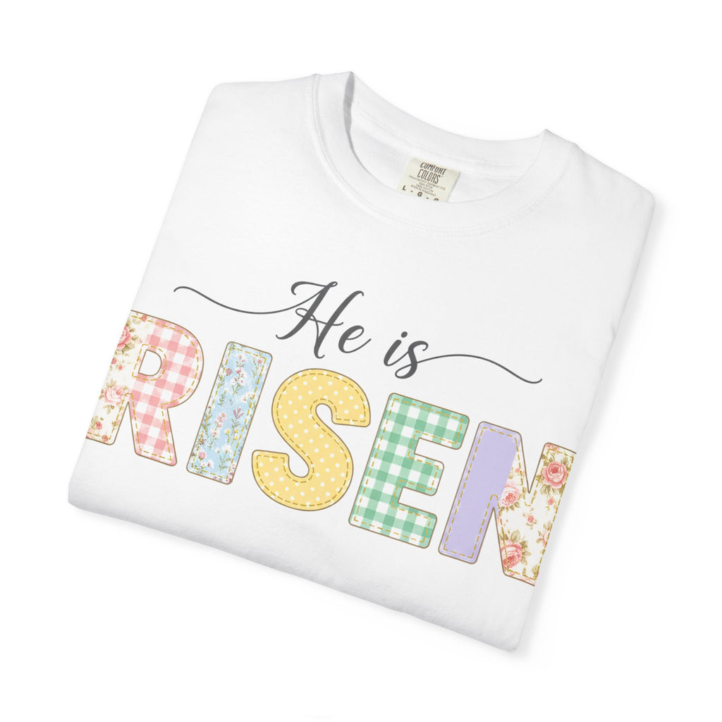 He Is Risen Pastel Patch Shirt, Easter Faux Stitch Letter Tee, Christian Spring Shirt, Easter Gift