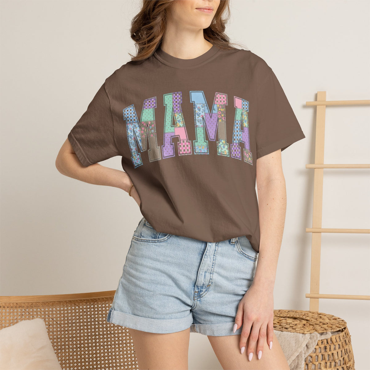 Mama Arched Patchwork Shirt, Pastel Quilt Letter Tee, Cottagecore Mom Shirt, Mothers Day Gift