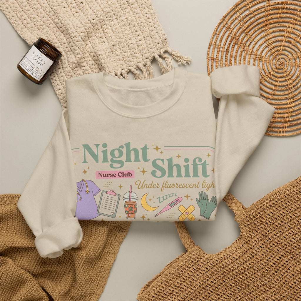 Night Shift Nurse Club Sweatshirt, Under Fluorescent Lights And Moonlight Sweatshirt, Retro Nurse Gift, Night Nurse Scrubs Doodle Sweatshirt