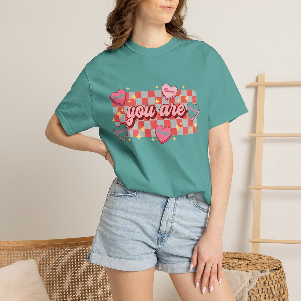 You Are Enough Loved Worthy Shirt, Conversation Heart Checkerboard Tee, Affirmation Valentine Shirt, Gift For Her