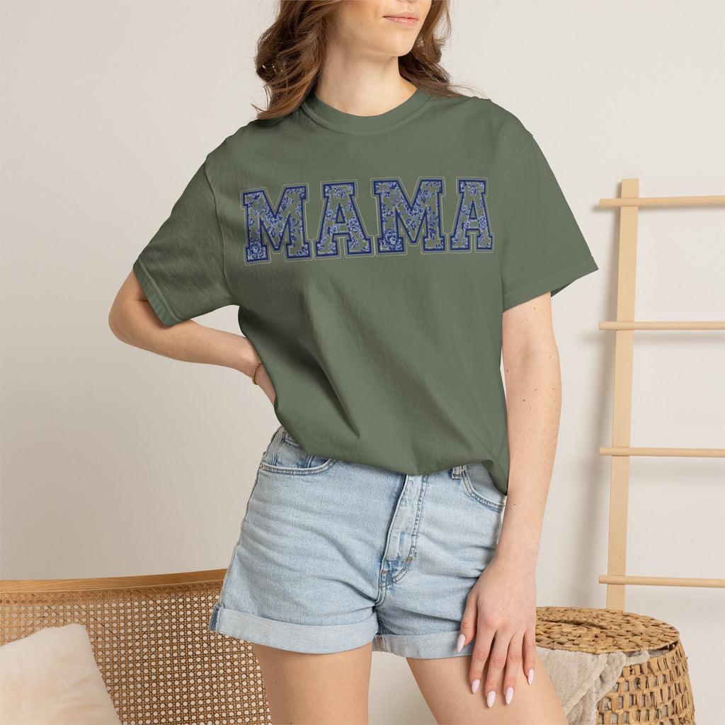 Mama Delft Blue Floral Shirt, Toile Varsity Applique Tee, Grandmillennial Mom Shirt, Mothers Day Gift