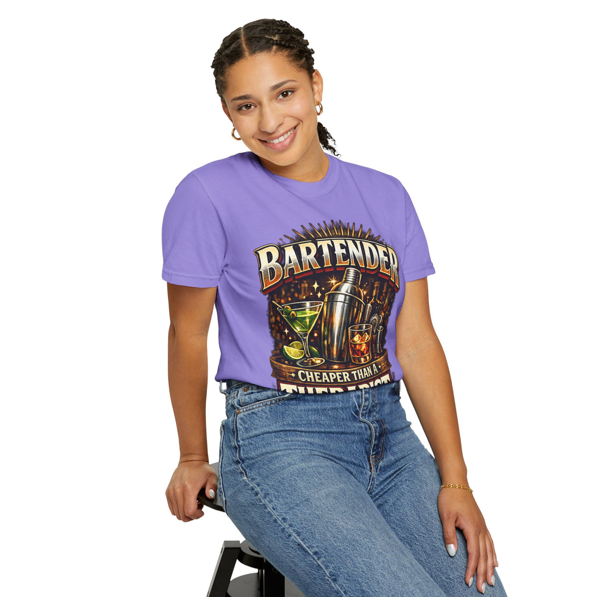 Bartender T-Shirt — "Bartender: Cheaper Than a Therapist" Vintage Bar Graphic Tee