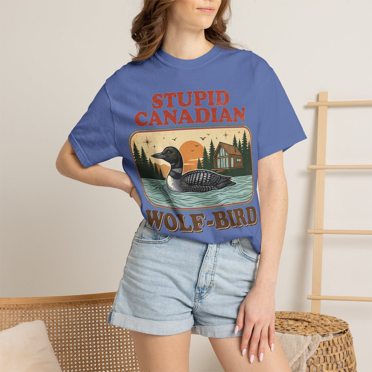 Stupid Canadian Wolf-Bird Shirt, Retro Loon Lake Badge Tee, Funny Canada Cabin Shirt, Lake Life Gift